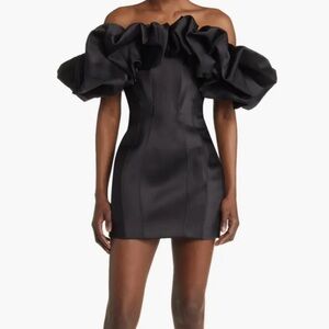House of CB- Selena Black Satin Puff Shoulder Dress